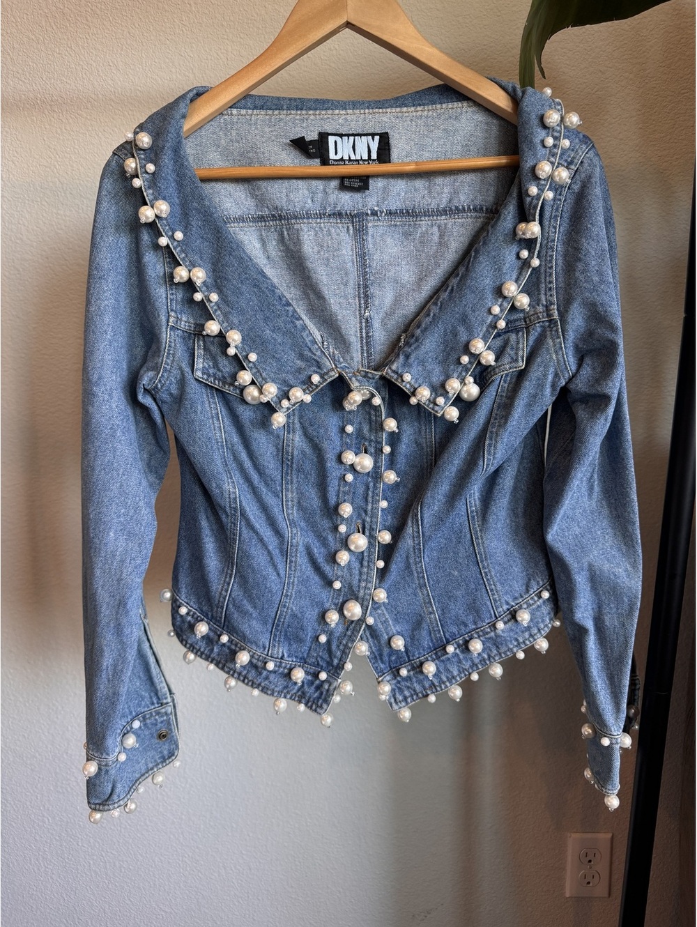 Vintage DKNY Donna Karan Pearl Embellished Denim Jacket Blue Cotton Size 10 Y2K